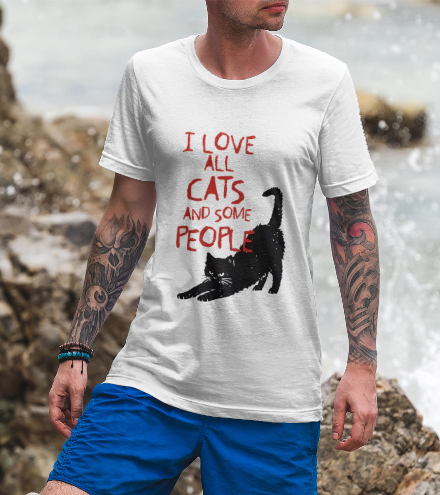 I Love All Cats And Some People Funny Cat Lovers Stretching Black Cat T-Shirt
