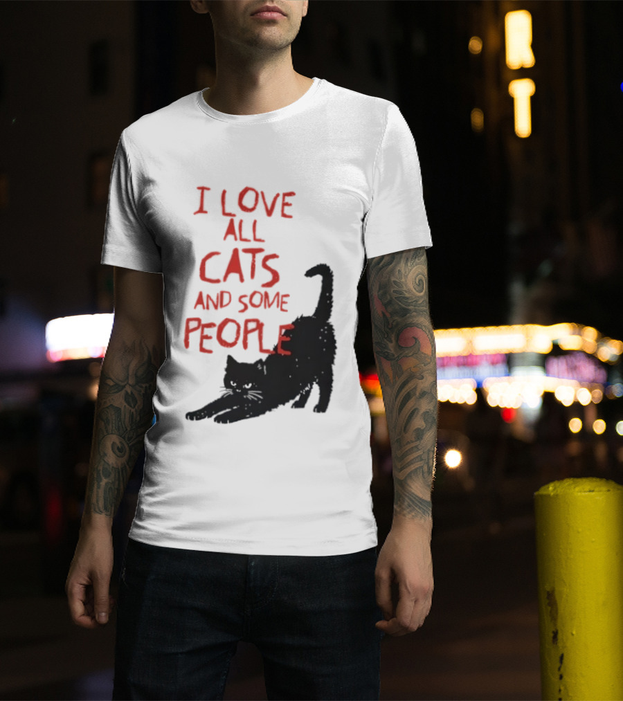 I Love All Cats And Some People Funny Cat Lovers Stretching Black Cat T-Shirt