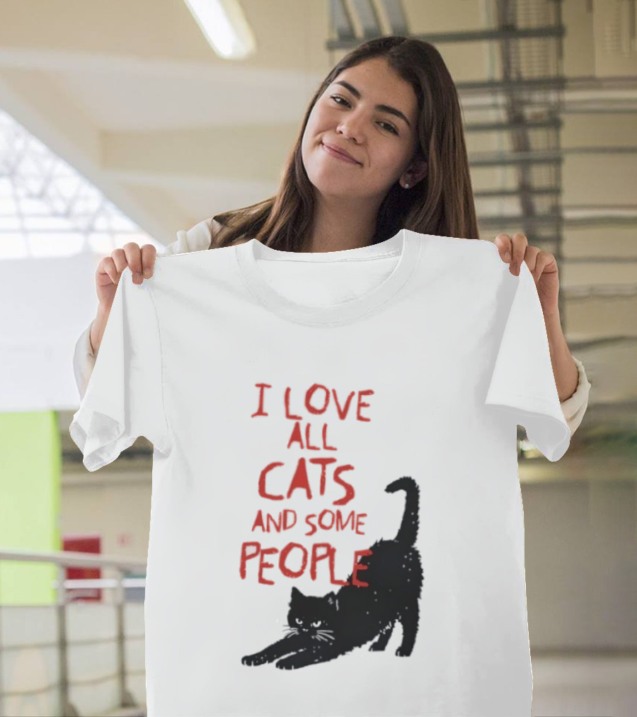 I Love All Cats And Some People Funny Cat Lovers Stretching Black Cat T-Shirt