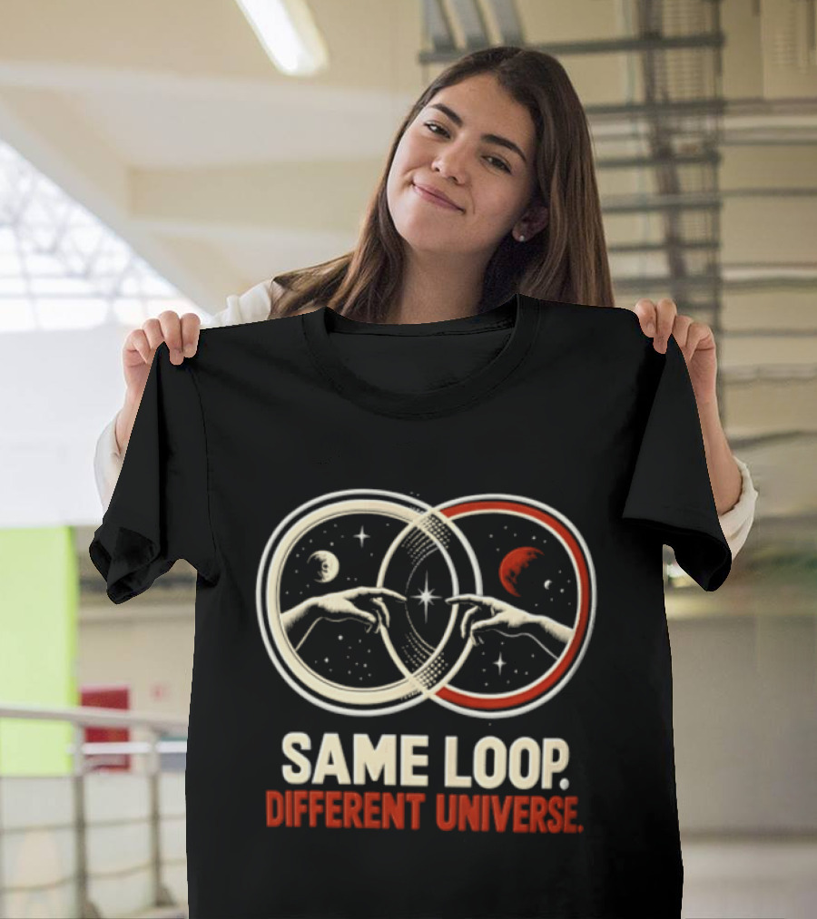 Same Loop Different Universe Intersecting Circles Two Hands Touching Lunar And Starry Night T-Shirt