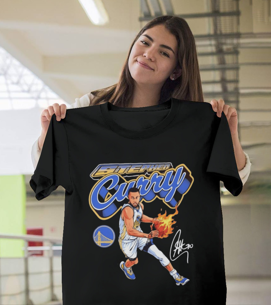 Stephen Curry Golden State Warriors Basketball Player With Flame Ball And Signature T-Shirt