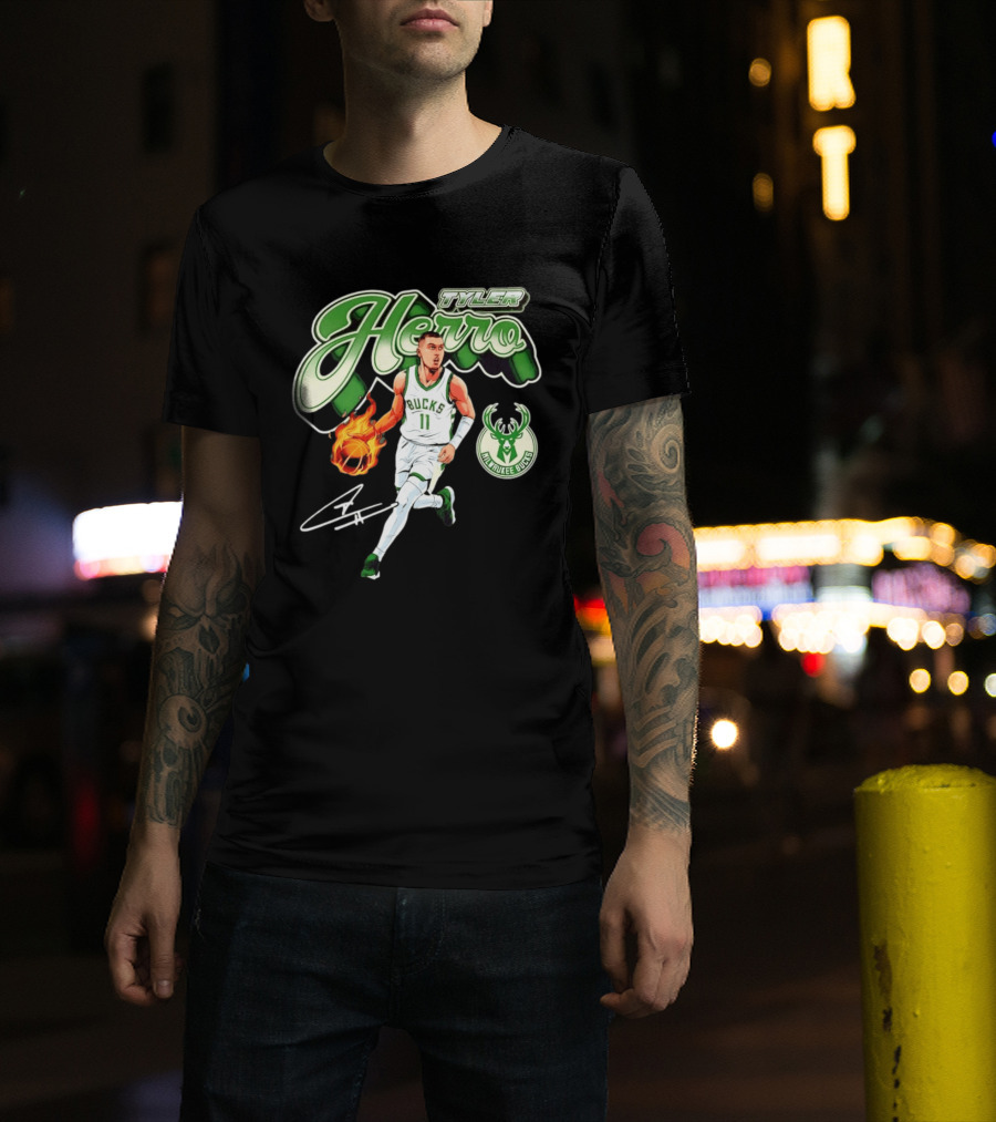 Tyler Herro Milwaukee Bucks Basketball Fireball Cursive Script T-Shirt