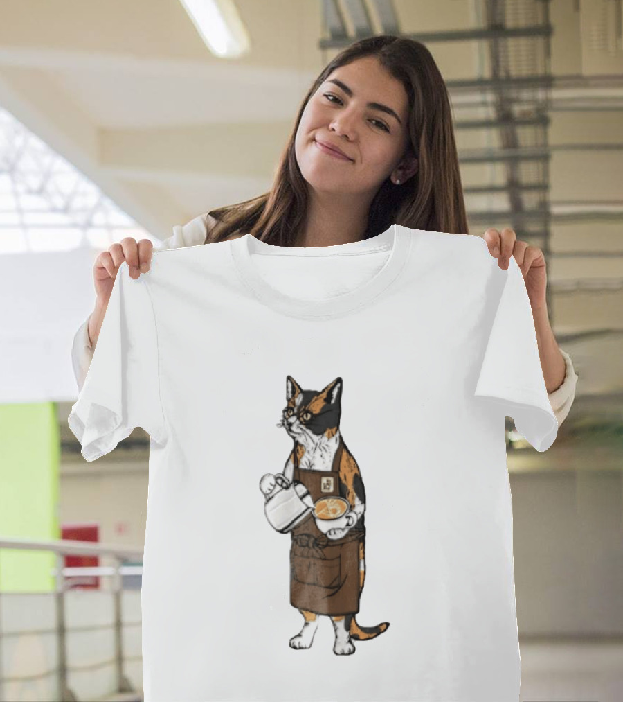 Cat Wearing Glasses And Apron Pouring Latte Art Coffee T-Shirt