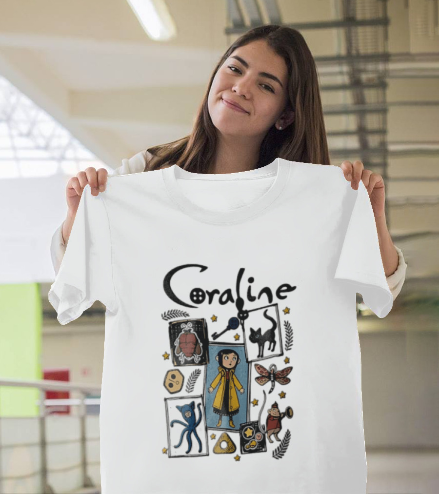 Coraline In Yellow Raincoat With Black Cat And Stars With Button Eyes T-Shirt