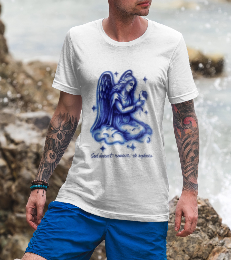 Angel Kneeling On Cloud Holding Flower God Does Not Remove He Replaces T-Shirt