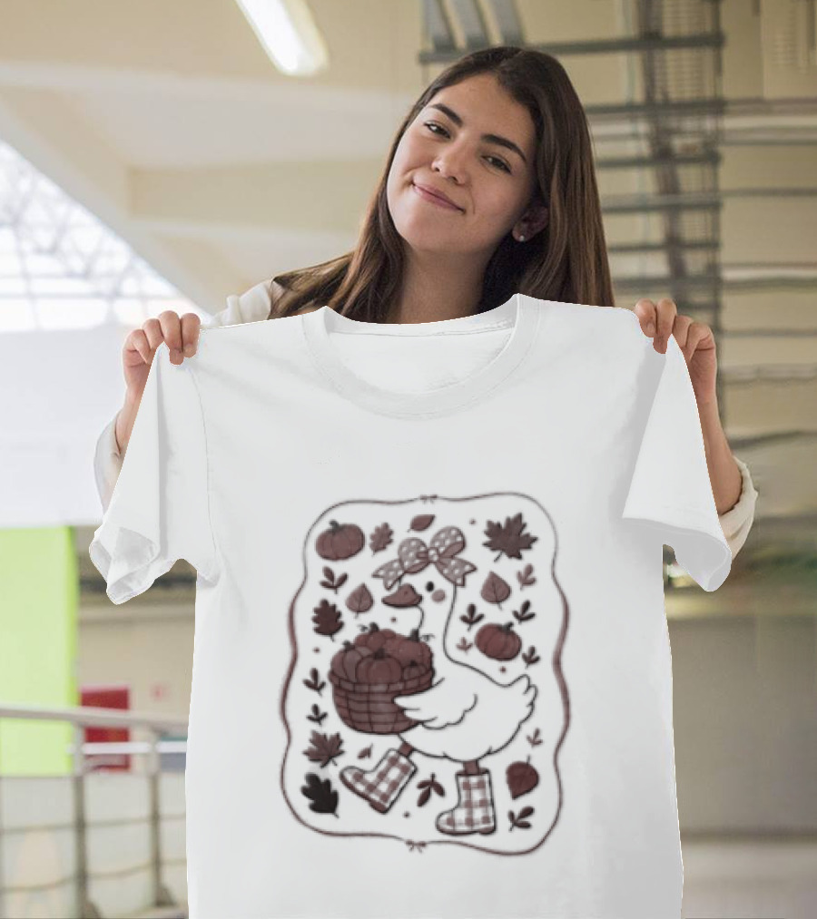 Goose Bow Rain Boots Basket Pumpkins Autumn Leaves T-Shirt