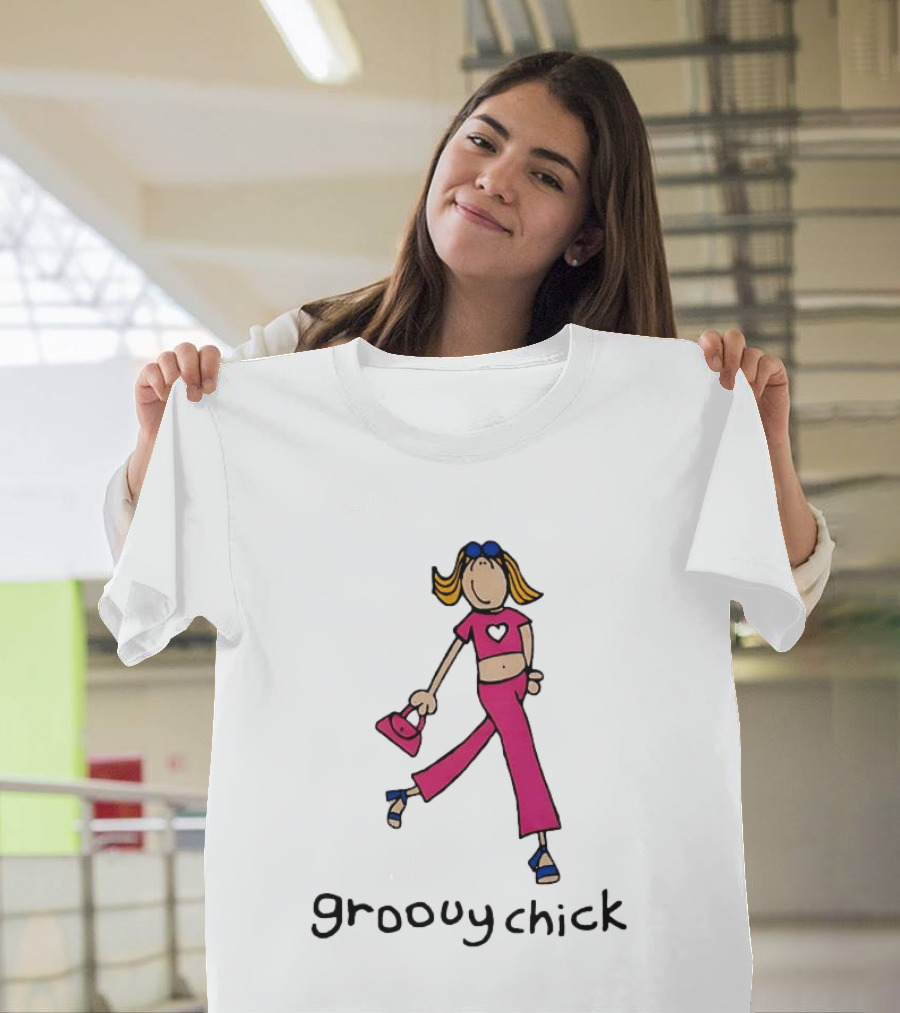 Groovy Chick Cartoon Character With Pink Heart Outfit And Bag T-Shirt