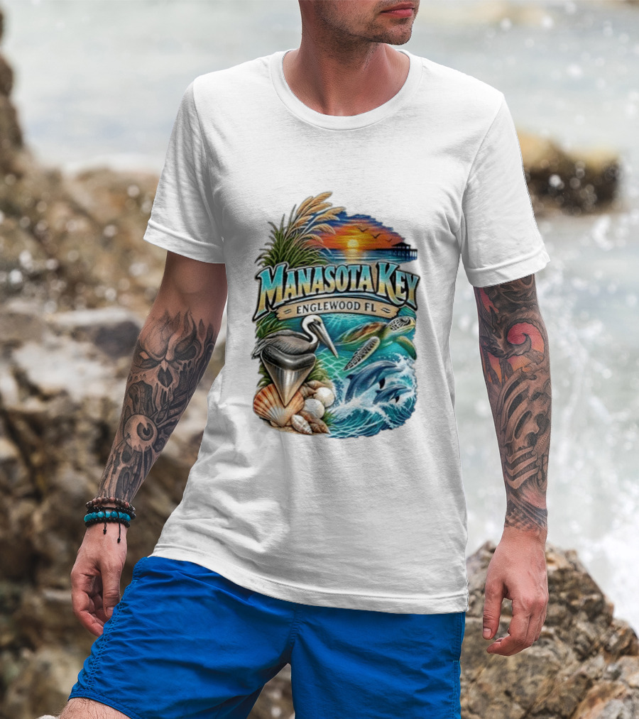 Manasota Key Englewood FL Beach Scene With Pelican Dolphins Shells And Sunset T-Shirt