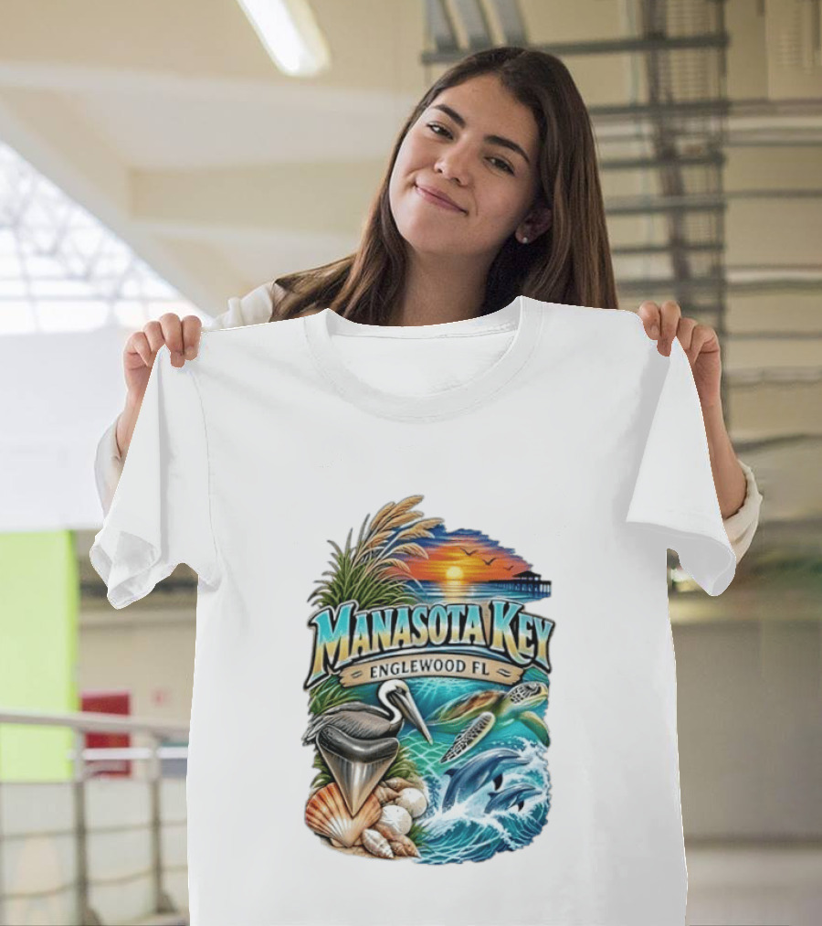 Manasota Key Englewood FL Beach Scene With Pelican Dolphins Shells And Sunset T-Shirt