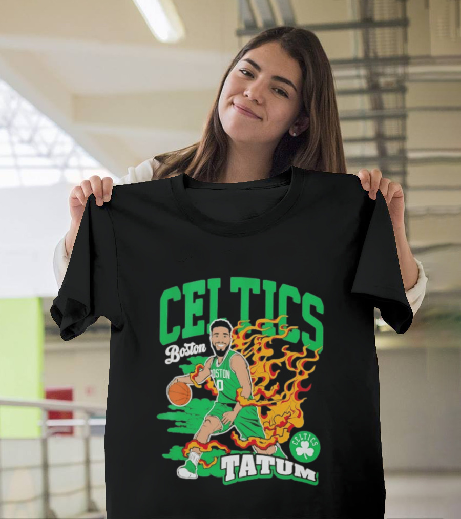 Boston Celtics Jayson Tatum Fired Up Basketball Flames T-Shirt