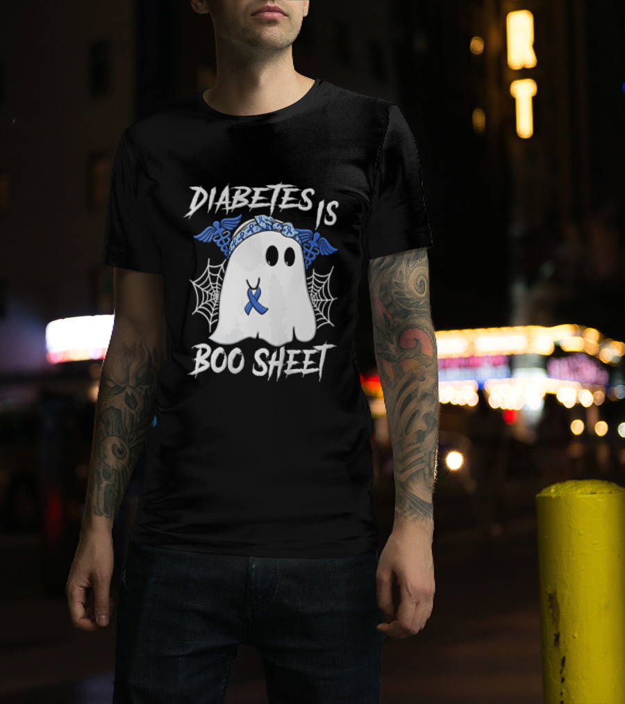 Diabetes IS BOO Sheet Ghost With Blue Ribbon Headband Halloween T-Shirt