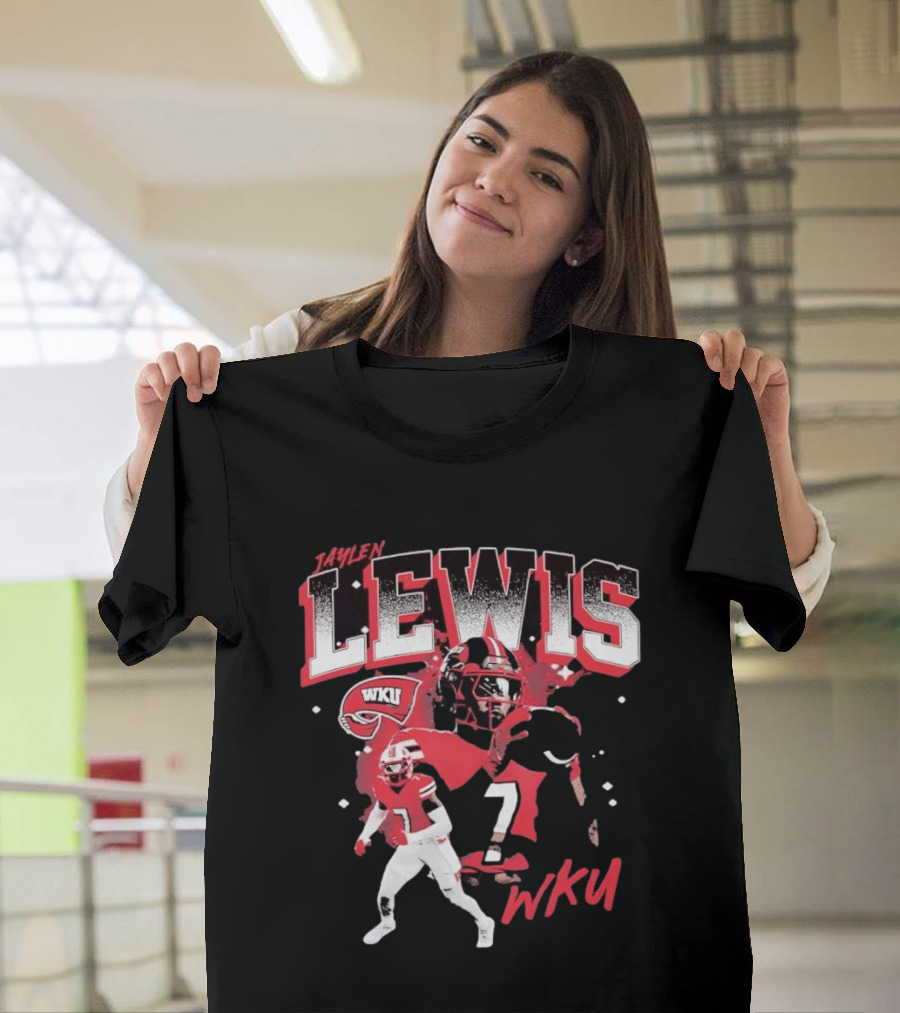 Jaylen Lewis No 7 WKU Football Helmet And Player Action T-Shirt