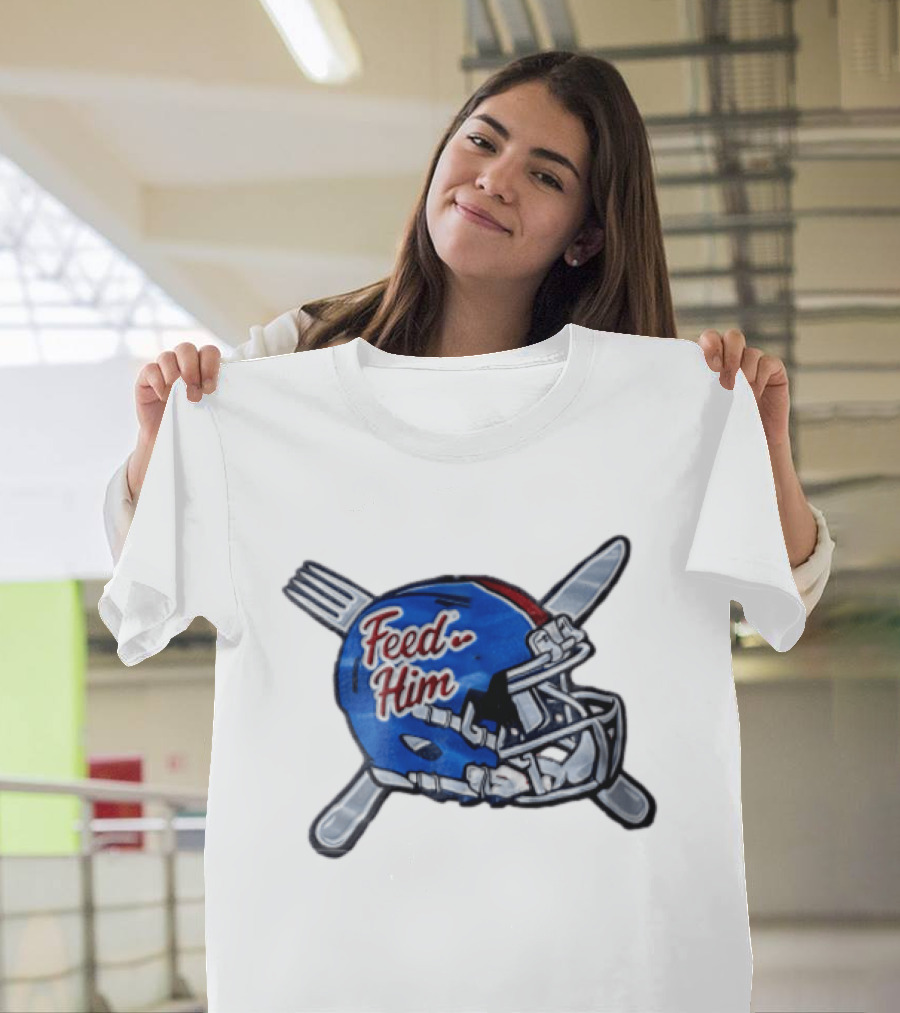 Feed Him Blue Football Helmet Crossed Utensils Fork Knife T-Shirt