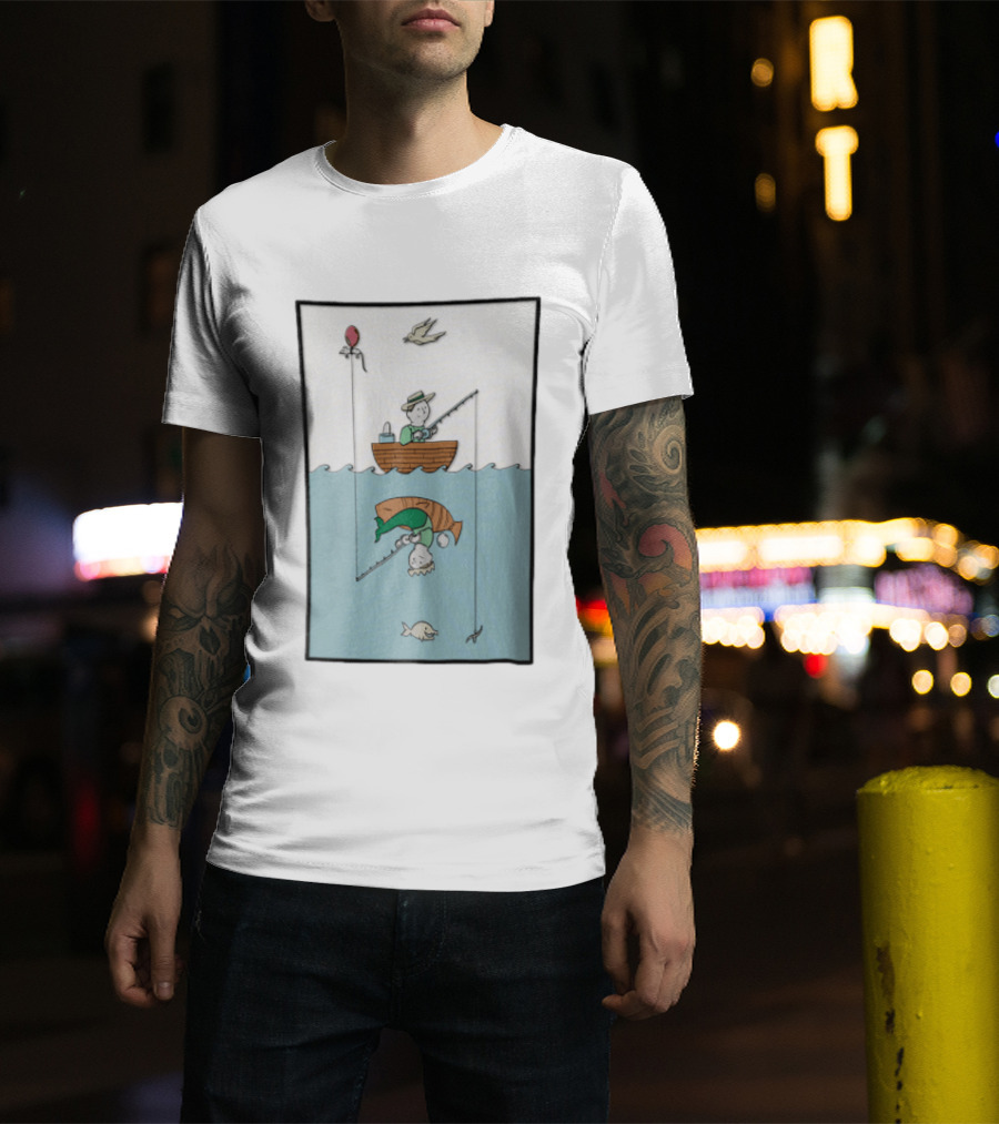 Fisherman In Boat Catching Hidden Mermaid With Fishing Line T-Shirt