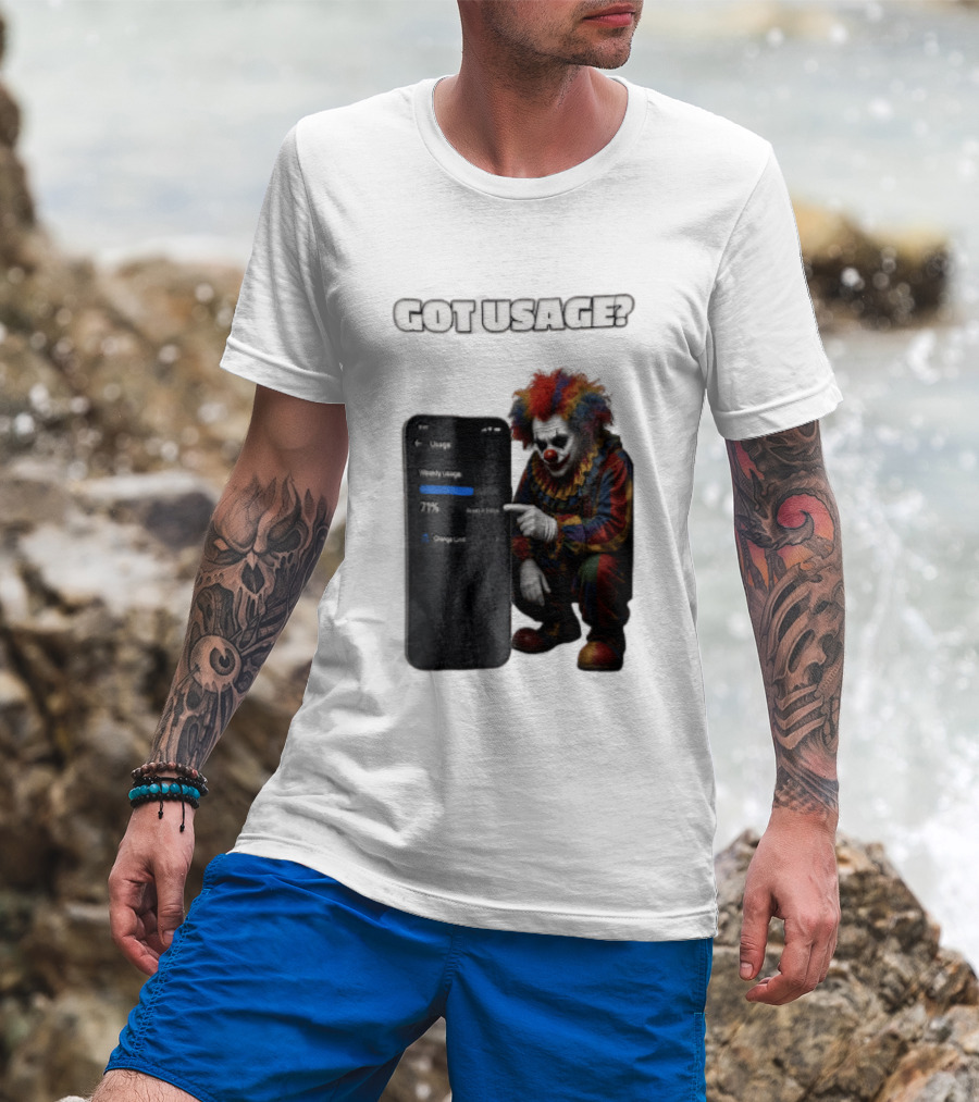 GOT Usage Clown Pointing At Smartphone Screen Weekly Usage 71% T-Shirt