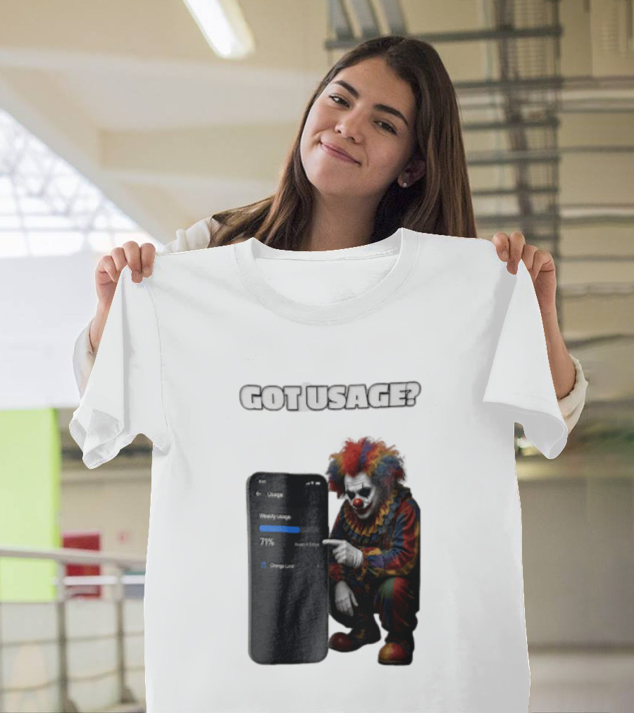 GOT Usage Clown Pointing At Smartphone Screen Weekly Usage 71% T-Shirt