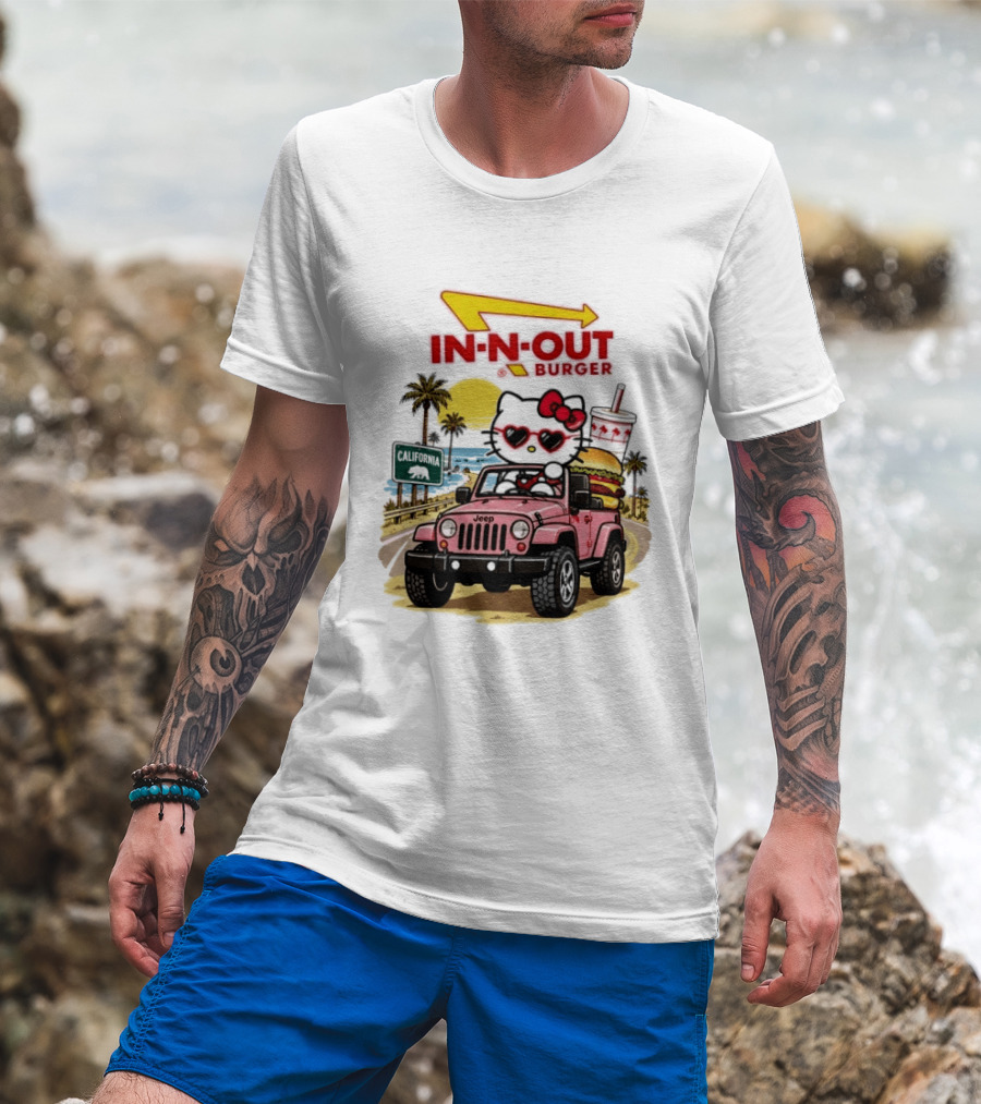 Hello Kitty In Pink Jeep With In N Out Burger California Adventure T-Shirt