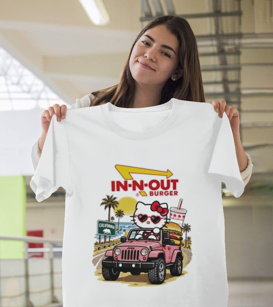 Hello Kitty In Pink Jeep With In N Out Burger California Adventure T-Shirt