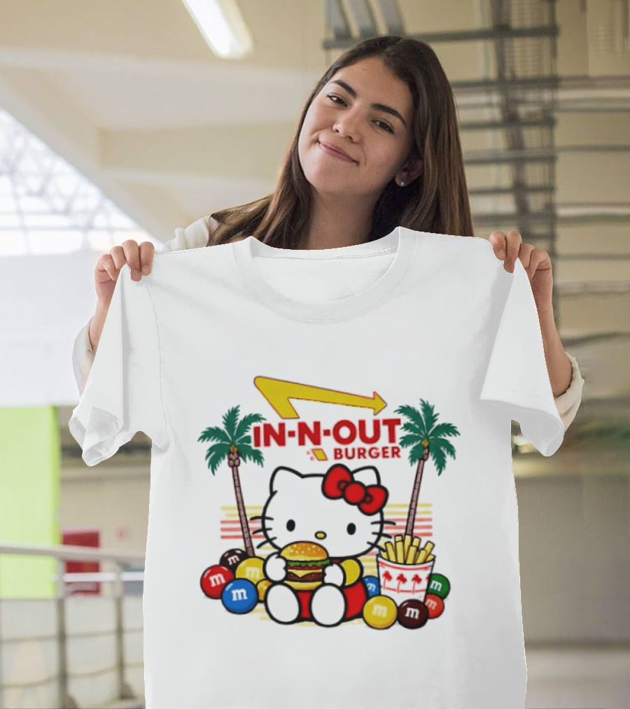 Hello Kitty Enjoying In N Out Burger Surrounded By M&Ms And Fries T-Shirt