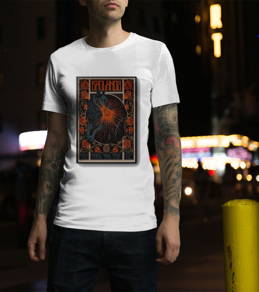 BADLANDS Festival Aug 20 22 2027 Take The Trip Stokterweg 14 Lottum Netherlands Retro Wolf And Roses T-Shirt