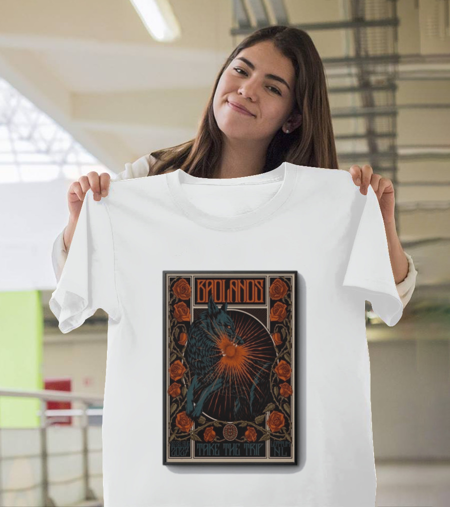 BADLANDS Festival Aug 20 22 2027 Take The Trip Stokterweg 14 Lottum Netherlands Retro Wolf And Roses T-Shirt