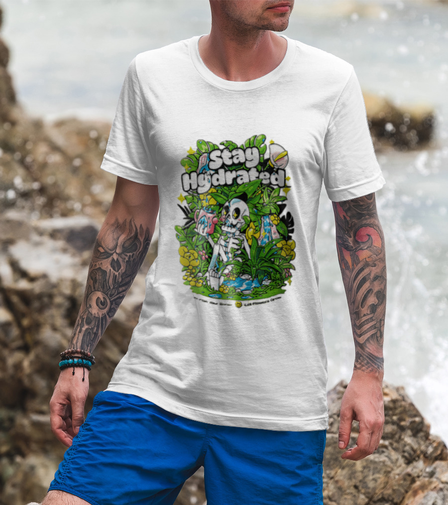 Stay Hydrated Quirky Skeleton Watering Lush Greenery And Flowers T-Shirt