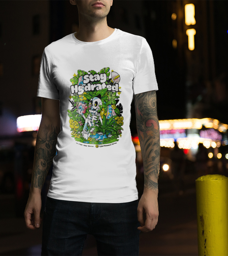 Stay Hydrated Quirky Skeleton Watering Lush Greenery And Flowers T-Shirt