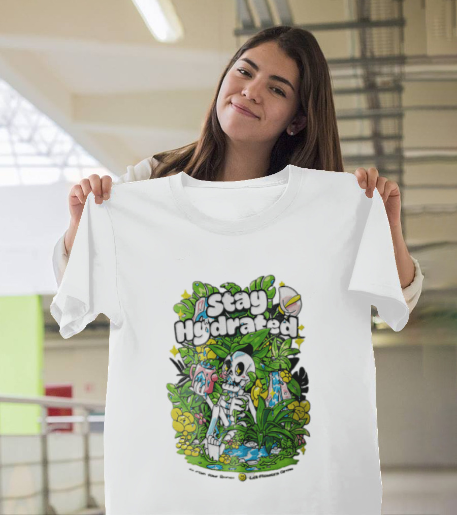 Stay Hydrated Quirky Skeleton Watering Lush Greenery And Flowers T-Shirt