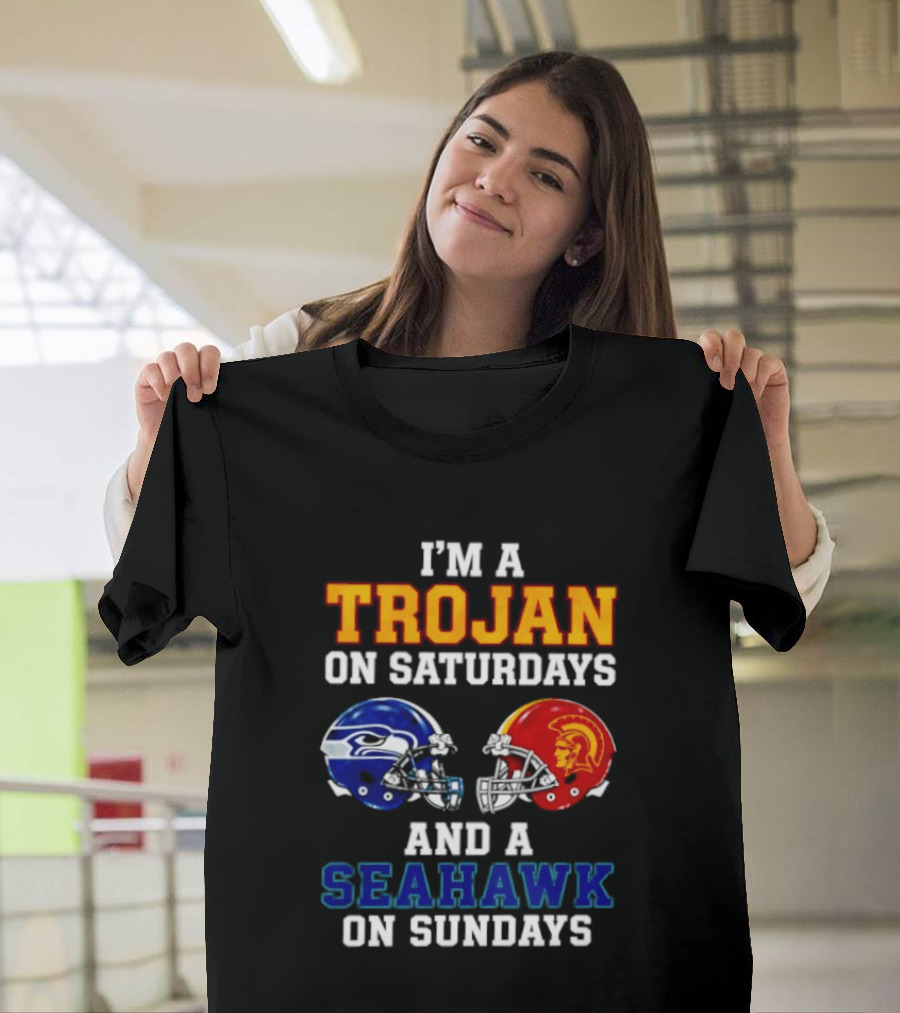 I'm A Trojan On Saturdays And A Seahawk On Sundays Football Helmets T-Shirt