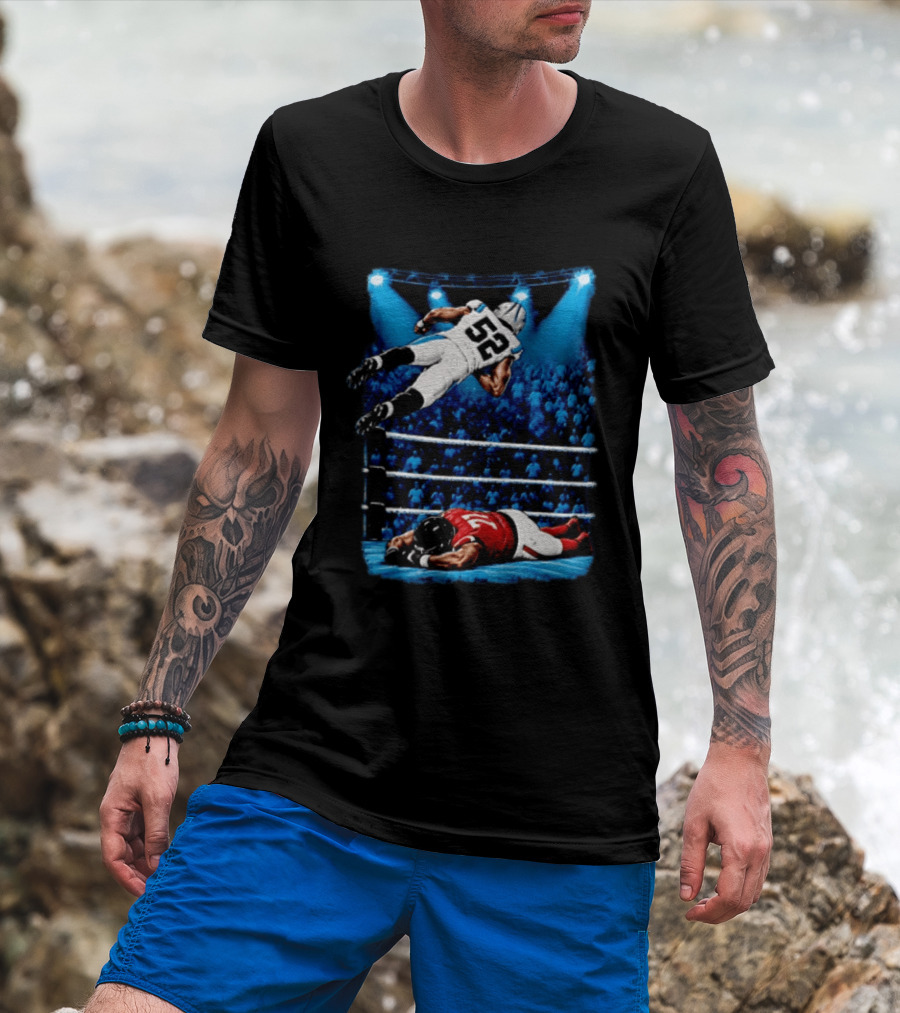 Football Player 52 Jumping Over Opponent In Wrestling Ring Spotlight Crowd T-Shirt