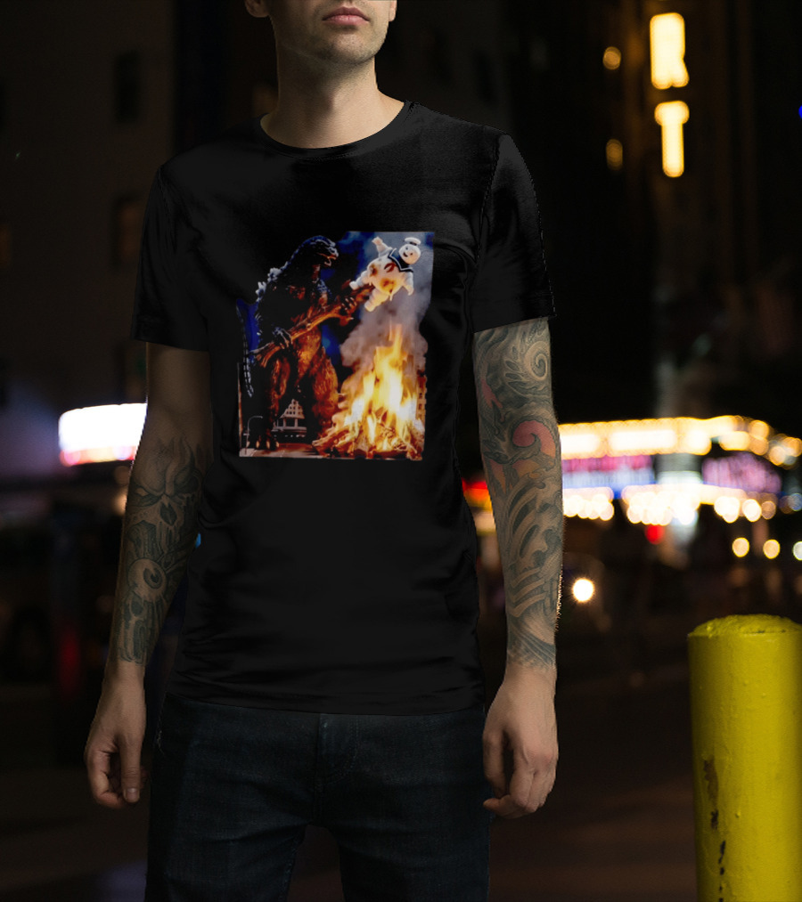Kaiju Campfire Godzilla Holding Stay Puft Marshmallow Man T-Shirt