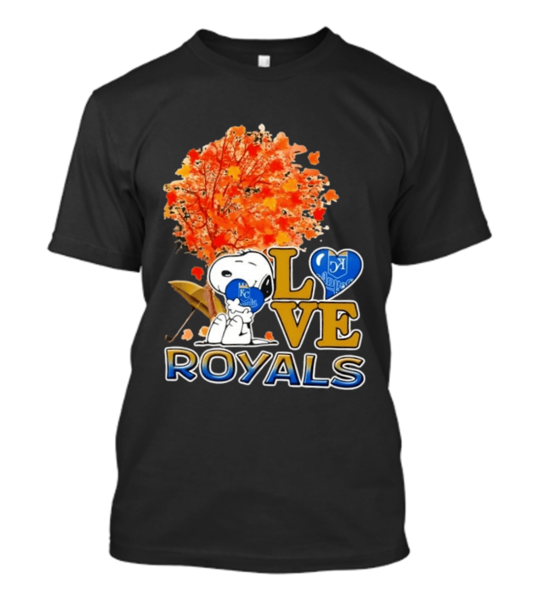 KC Royals Love Snoopy Hug Heart Peanuts Baseball Fall Tree T-Shirt