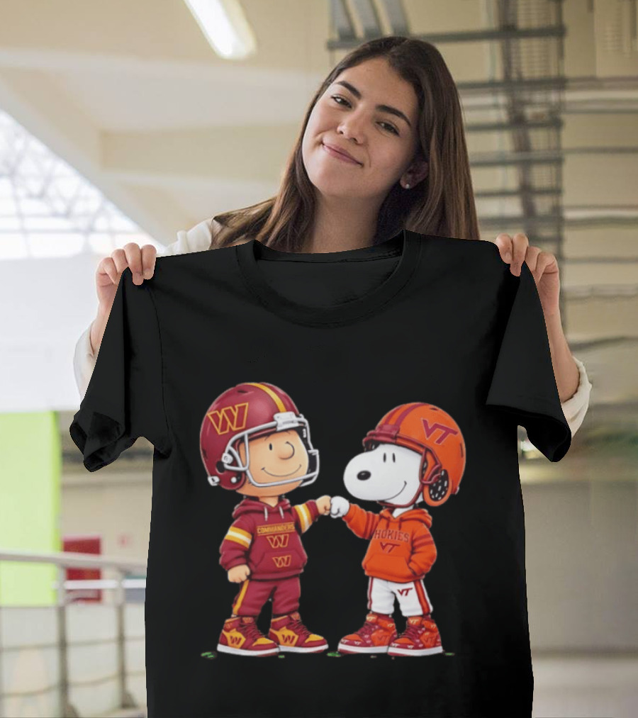 Peanuts Snoopy Charlie Brown Washington Commanders Virginia Tech Hokies Collaboration Fist Bump T-Shirt