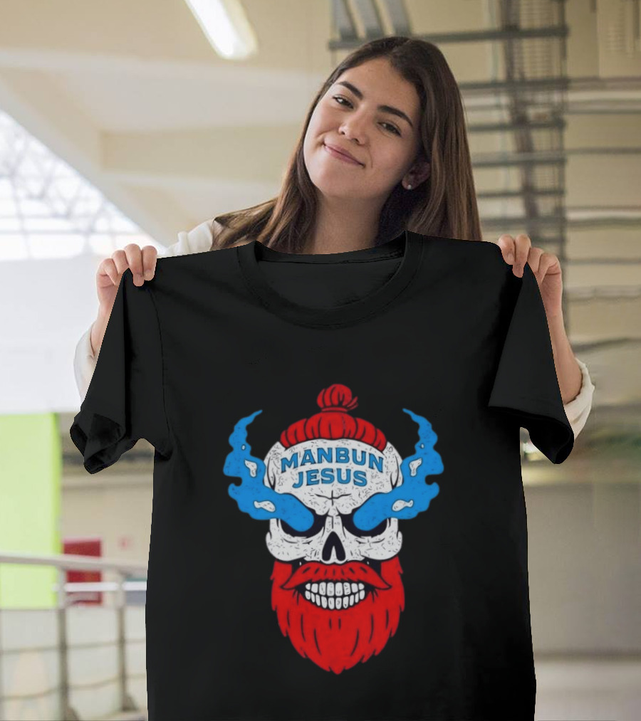 Manbun Jesus Skull Blue Flames Red Beard T-Shirt