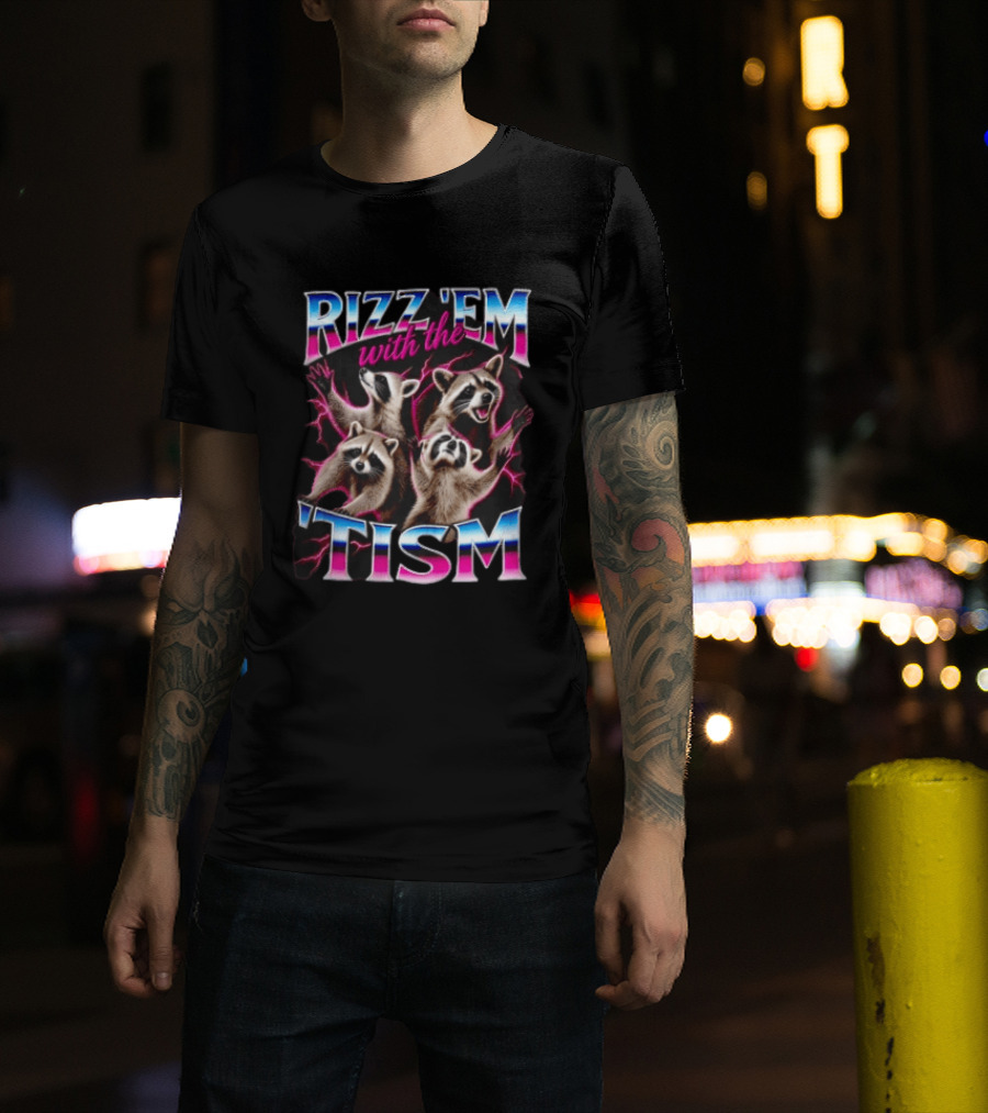 Rizz Them With The Tism Four Raccoons Reaching Pink Lightning T-Shirt