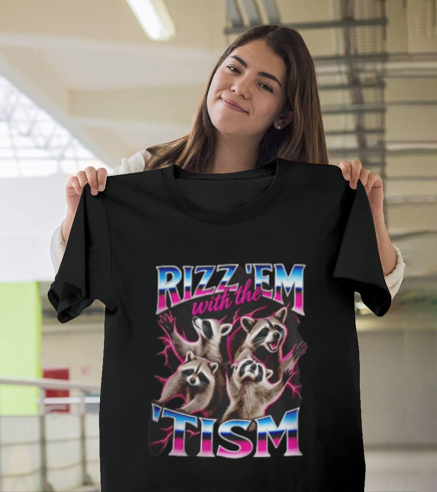 Rizz Them With The Tism Four Raccoons Reaching Pink Lightning T-Shirt