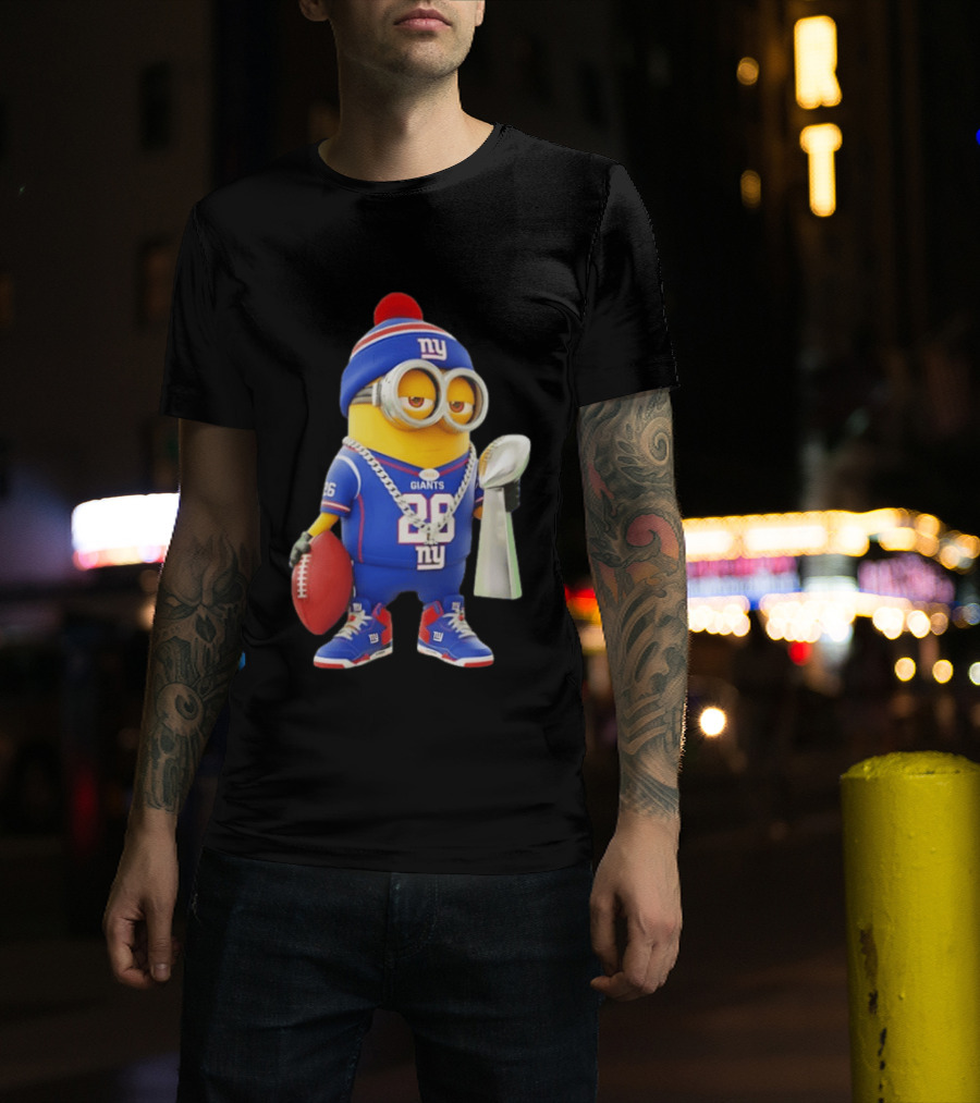 Minion In New York Giants Jersey With Football Trophy And Beanie T-Shirt