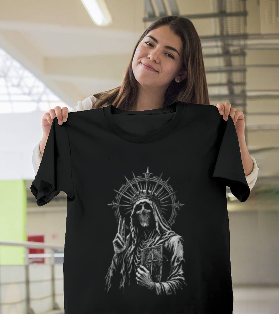 Skeletal Crowned Figure With Radiant Halo Holding Book T-Shirt