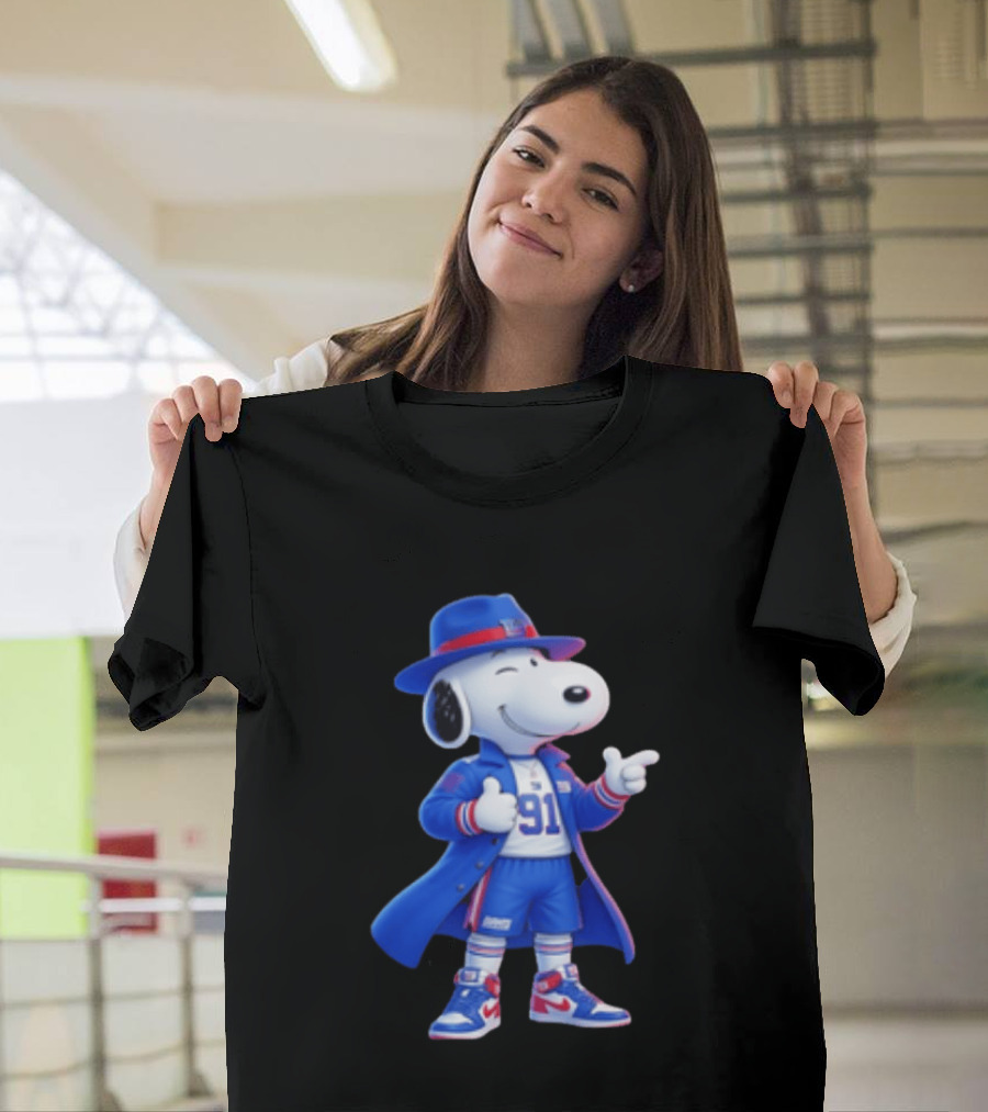 Snoopy New York Giants Football Player Cartoon Blue Coat And Hat T-Shirt