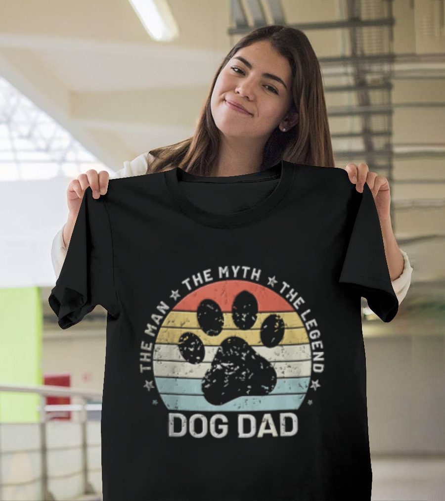 The Man The Myth The Legend Dog Dad Distressed Paw Rainbow Sunset T-Shirt
