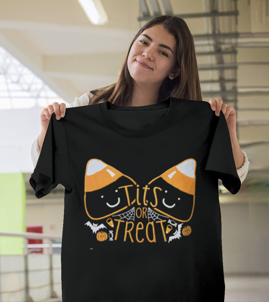 Halloween Candy Corn Faces Tits Or Treat With Spiders Webs Bats Pumpkins T-Shirt