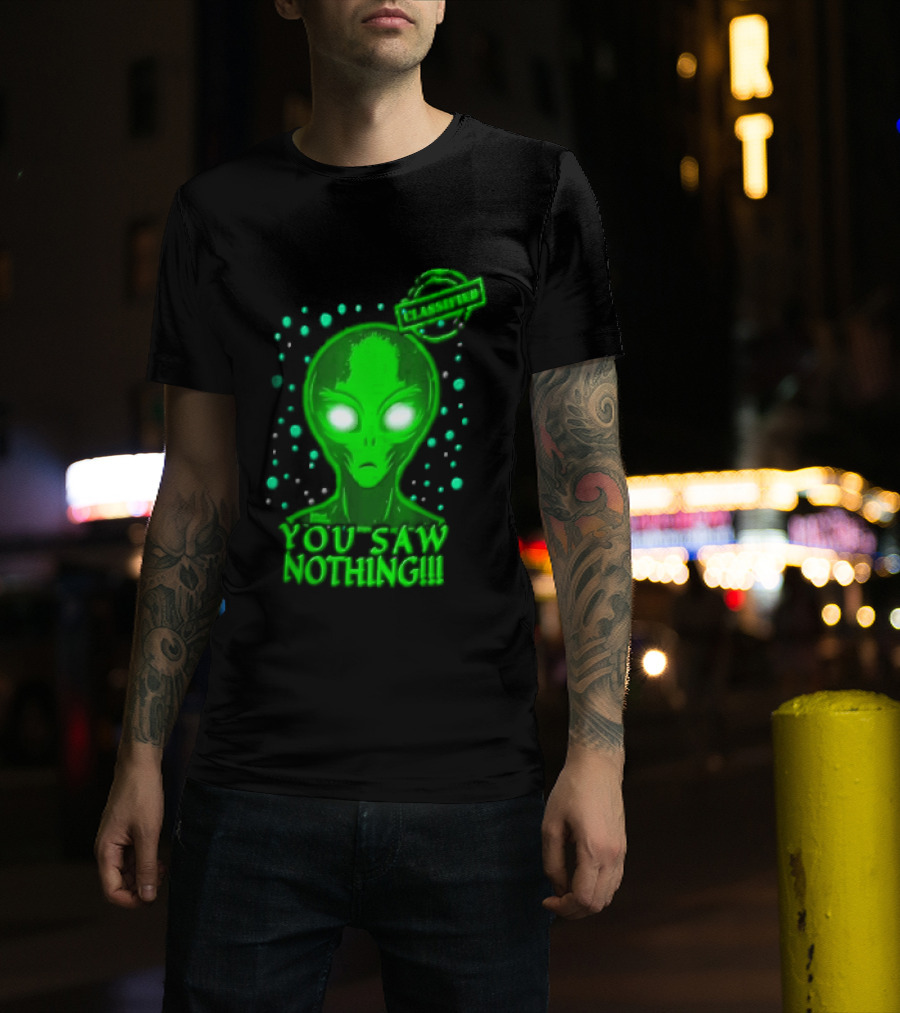 Green Alien You Saw Nothing Glowing Eyes UFO Dots T-Shirt