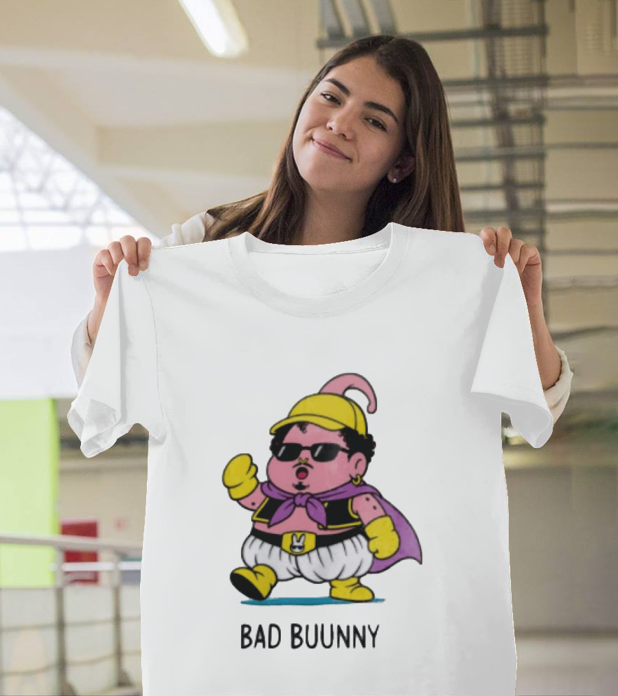 Bad Buunny Pink Majin Buu Sunglasses Yellow Hat Cape Cartoon T-Shirt