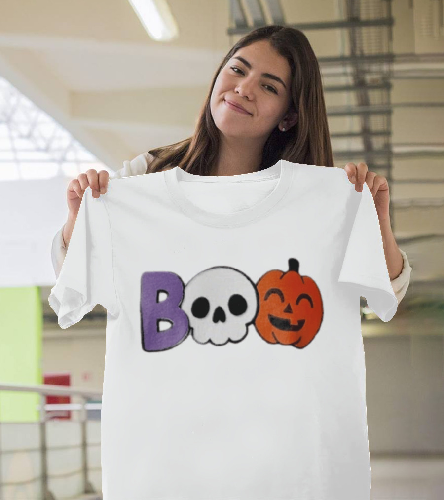 BOO Skull Pumpkin Purple Letter Halloween Fun T-Shirt