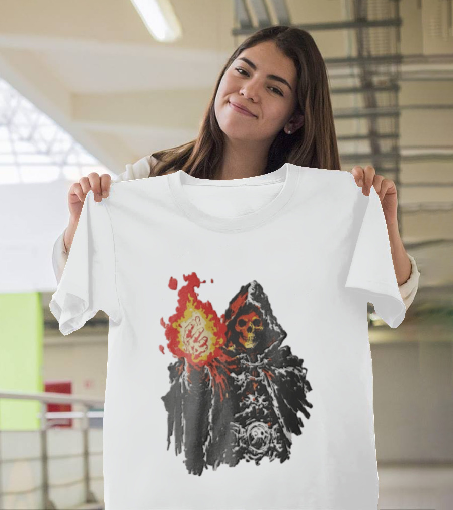 Skeleton Holding Fire Skeletor Hooded Cloak And Fiery Fist T-Shirt
