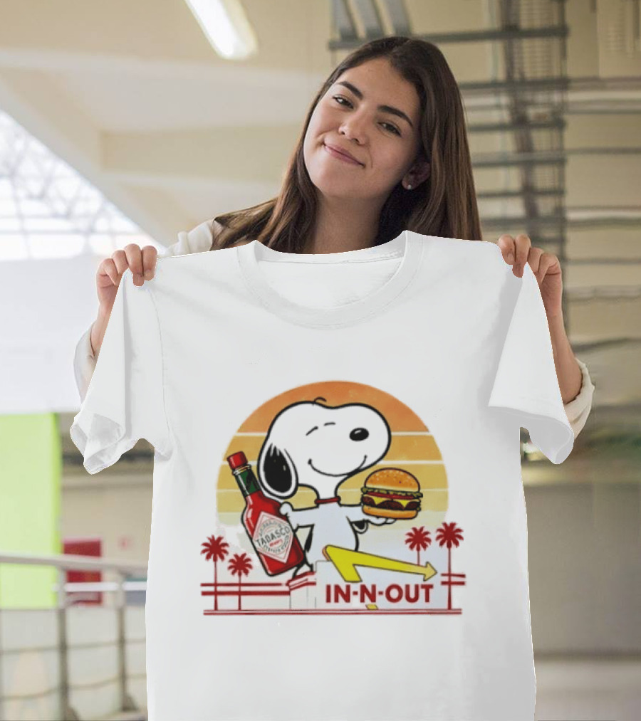 Snoopy Holding Tabasco Bottle And In N Out Burger Delightful Combination T-Shirt