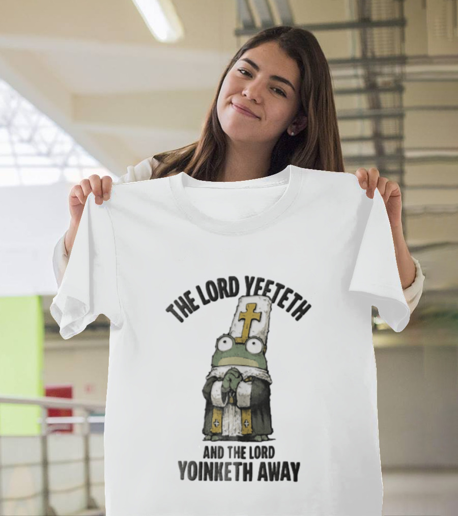 The Lord Yeeteth And The Lord Yoinketh Away Frog In Religious Vestments With Mitre Praying T-Shirt
