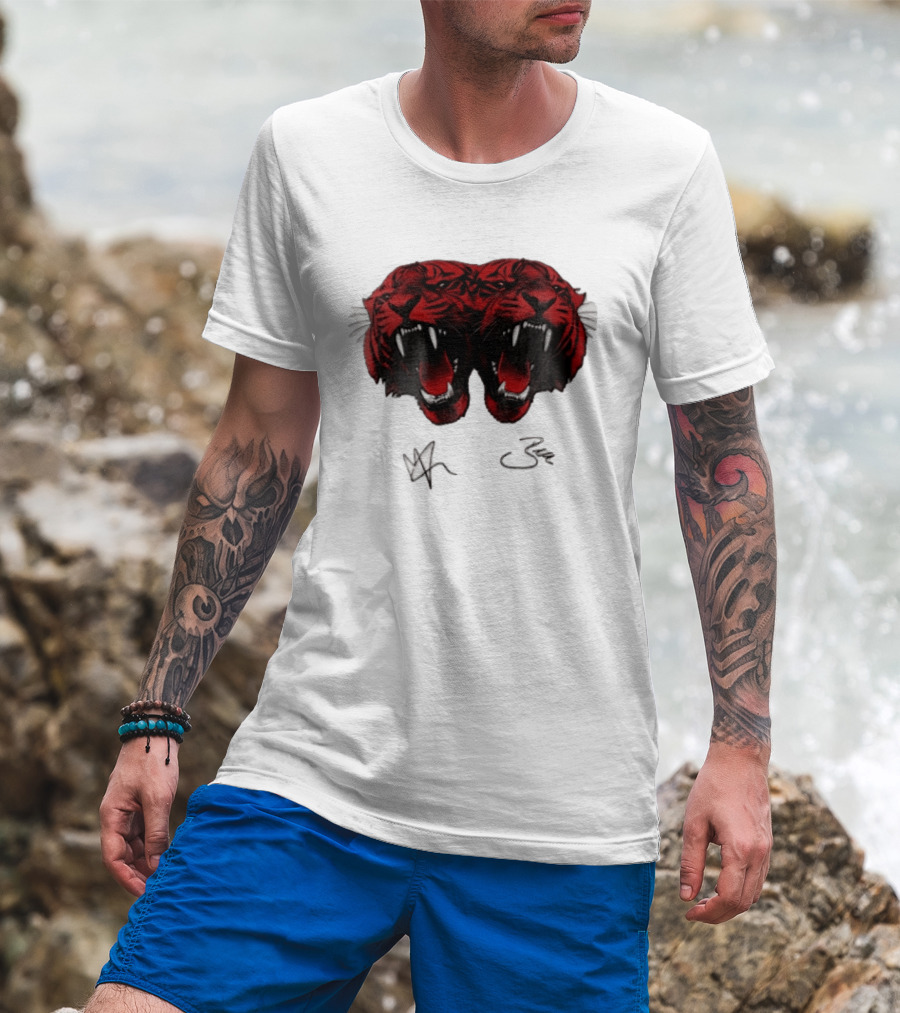 Tigers Heads Roaring Red Dual Fierce Animal T-Shirt