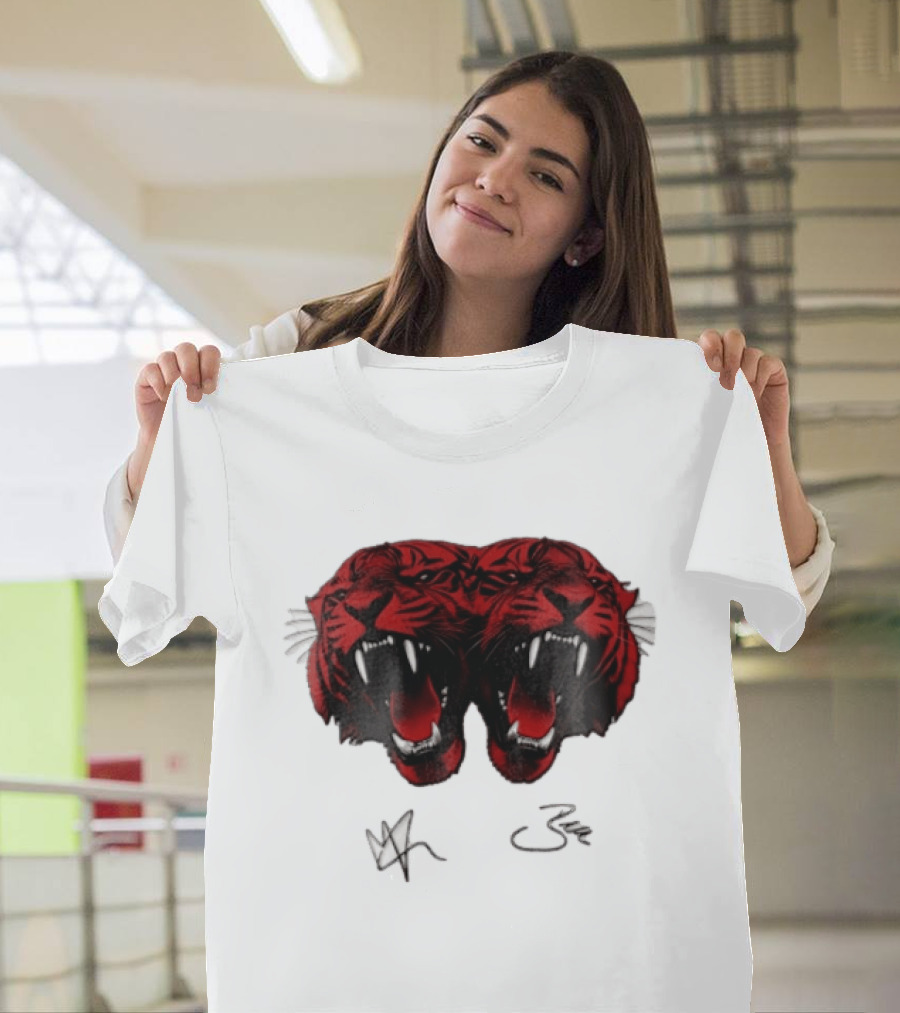 Tigers Heads Roaring Red Dual Fierce Animal T-Shirt