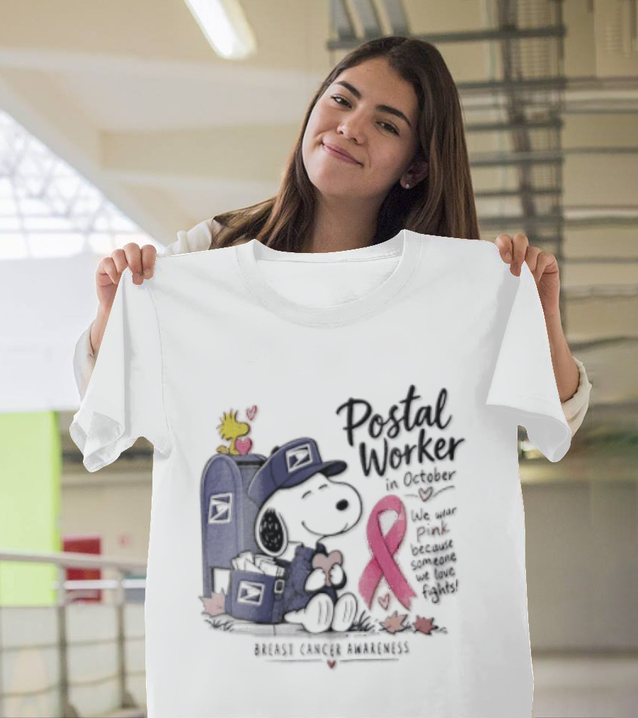 Postal Worker Snoopy And Woodstock With Pink Ribbon Supporting Fighters T-Shirt